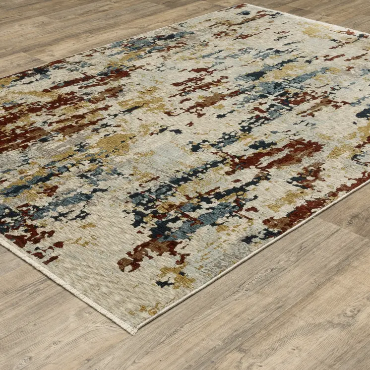 8' X 11' Beige Rust And Light Blue Abstract Distressed Area Rug With Fringe