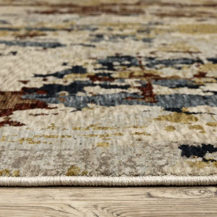 8' X 11' Beige Rust And Light Blue Abstract Distressed Area Rug With Fringe