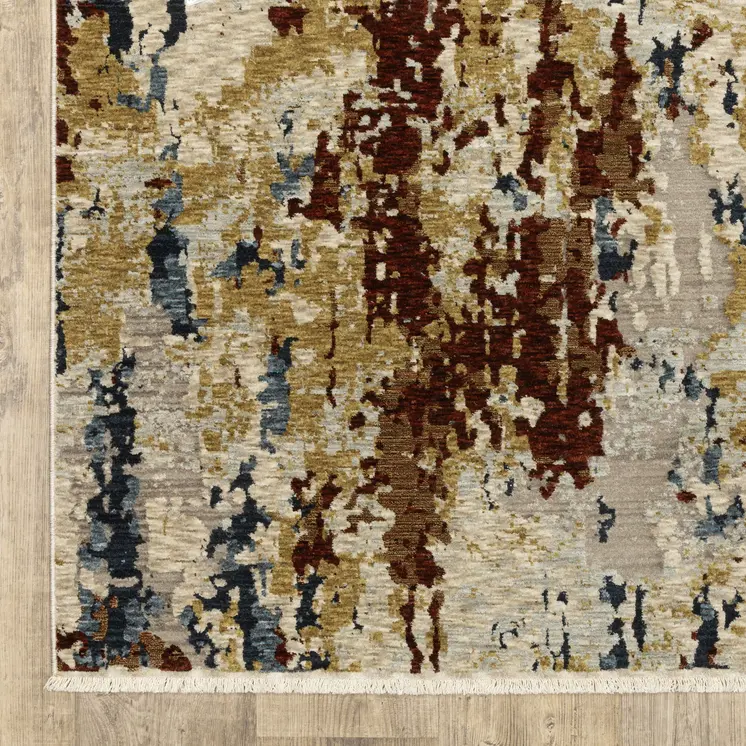 8' X 11' Beige Rust And Light Blue Abstract Distressed Area Rug With Fringe