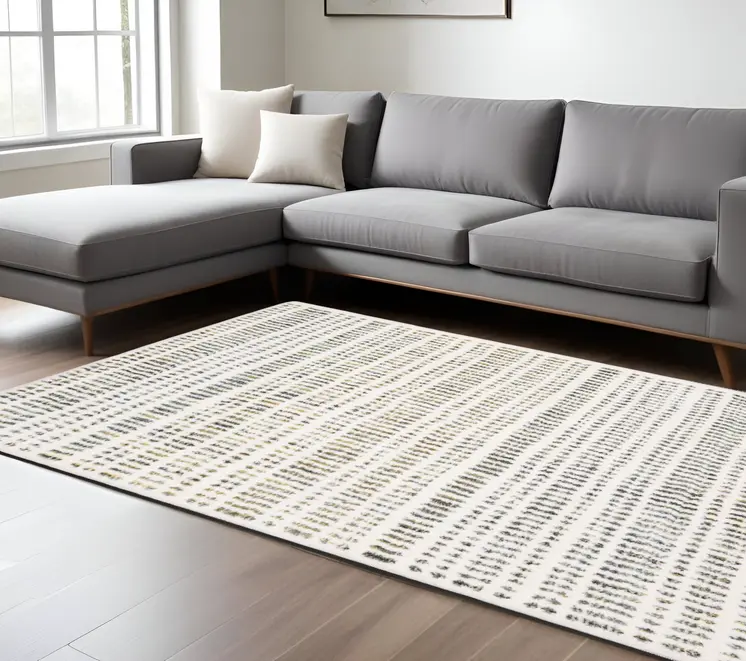 8' X 11' Ivory Gold And Gray Striped Area Rug