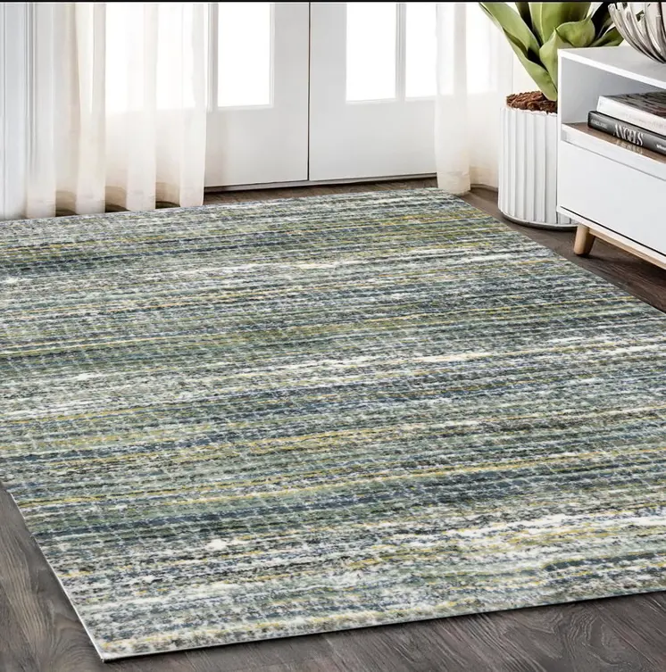 5' X 8' Green And Blue Geometric Distressed Area Rug