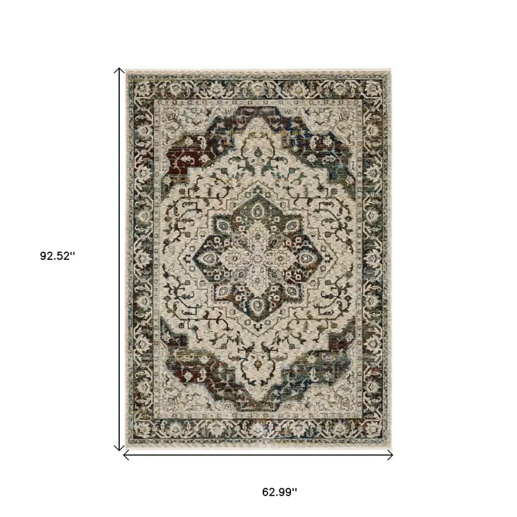 5' X 8' Ivory Brown And Red Medallion Area Rug With Fringe
