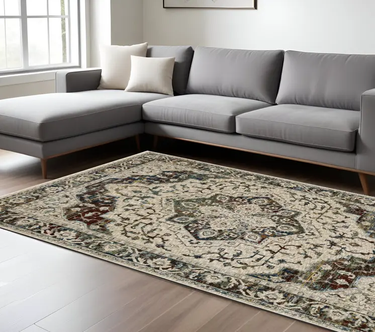 10' X 13' Ivory Brown And Red Medallion Area Rug With Fringe