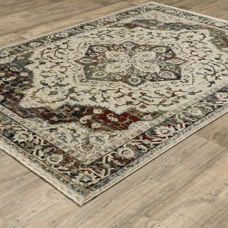 8' X 11' Ivory Brown And Red Medallion Area Rug With Fringe