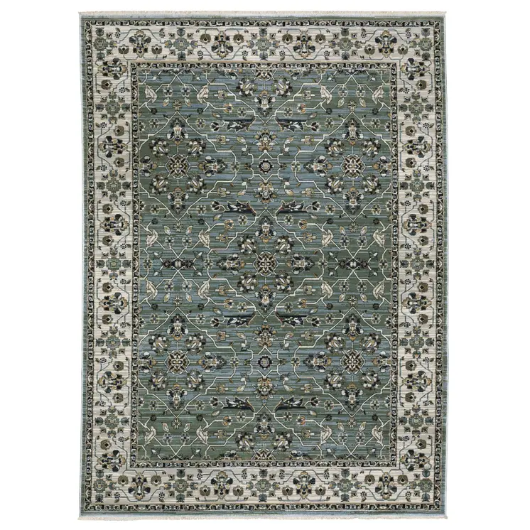10' X 13' Blue And Green Floral Area Rug With Fringe