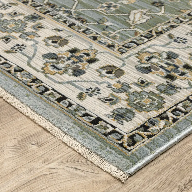 10' X 13' Blue And Green Floral Area Rug With Fringe