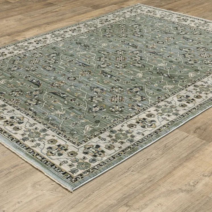 10' X 13' Blue And Green Floral Area Rug With Fringe