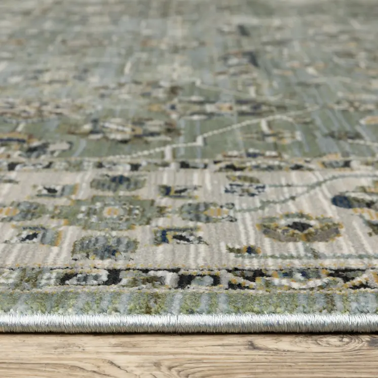 10' X 13' Blue And Green Floral Area Rug With Fringe