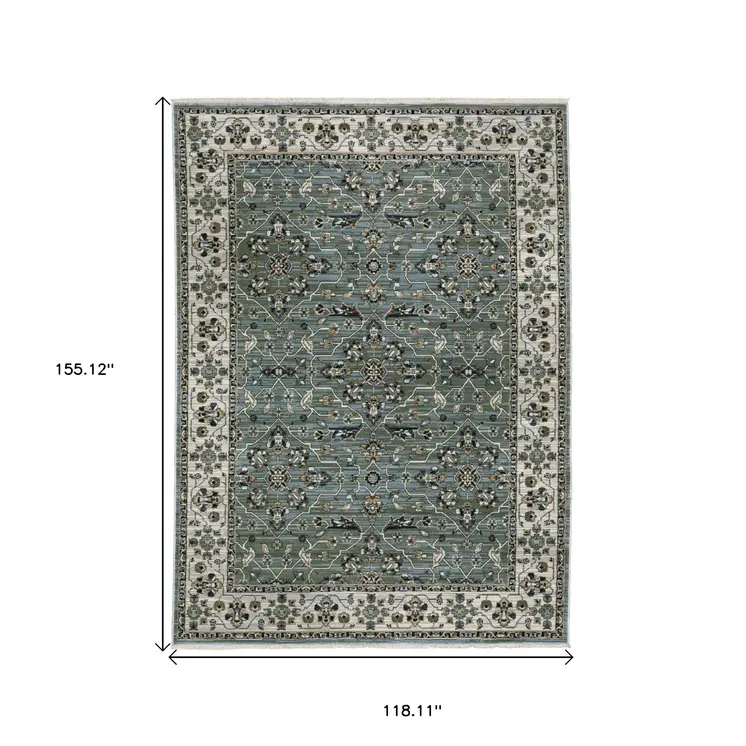 10' X 13' Blue And Green Floral Area Rug With Fringe