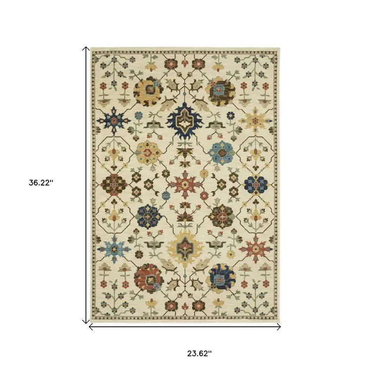 2' X 3' Ivory And Gold Oriental Area Rug With Fringe