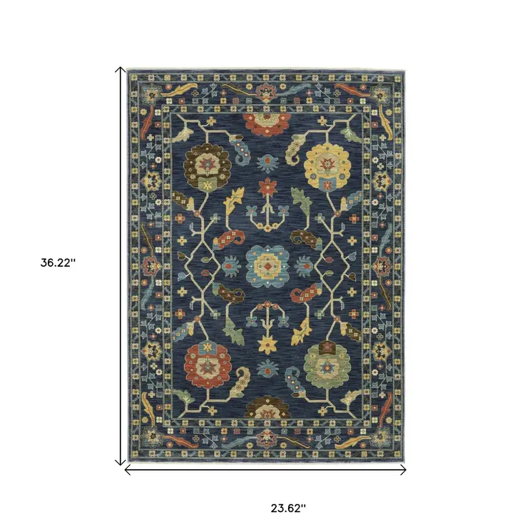 2' X 3' Blue And Gold Oriental Area Rug With Fringe