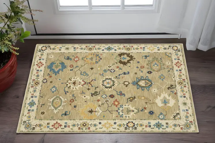 2' X 3' Beige Blue And Red Oriental Area Rug With Fringe