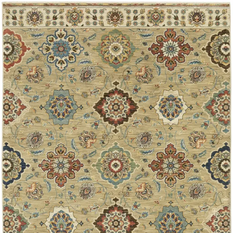 2' X 3' Tan Light Blue And Orange Floral Area Rug With Fringe