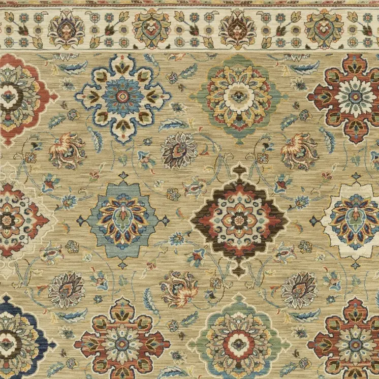 2' X 3' Tan Light Blue And Orange Floral Area Rug With Fringe