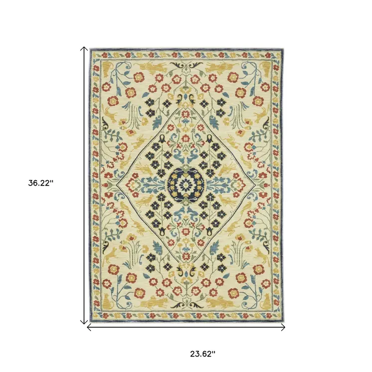 2' X 3' Ivory Orange And Yellow Oriental Area Rug With Fringe