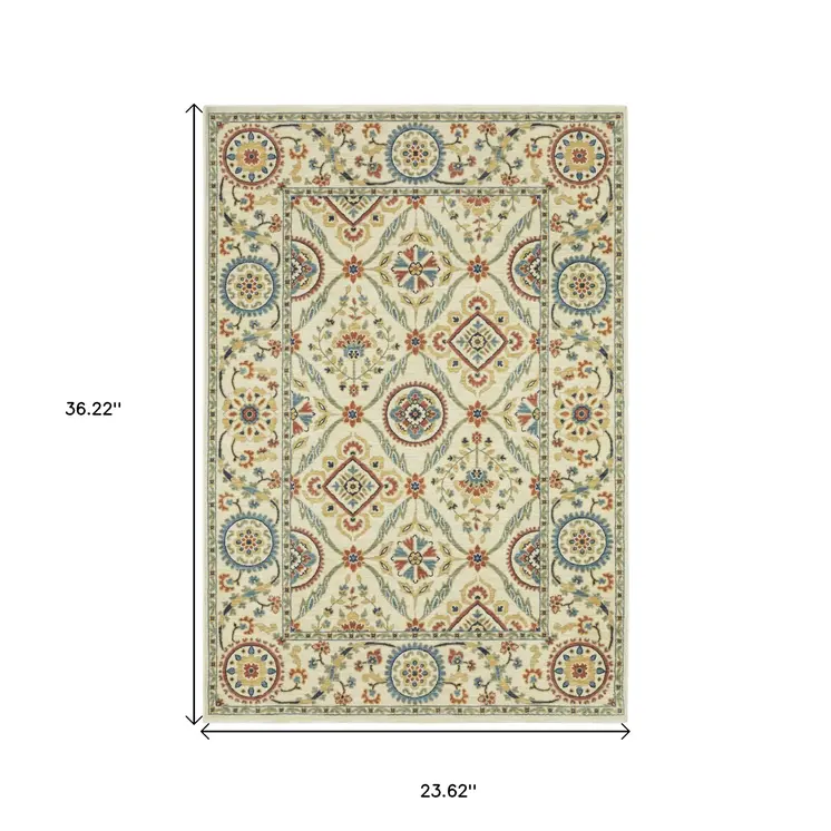 2' X 3' Ivory Orange And Blue Oriental Area Rug With Fringe