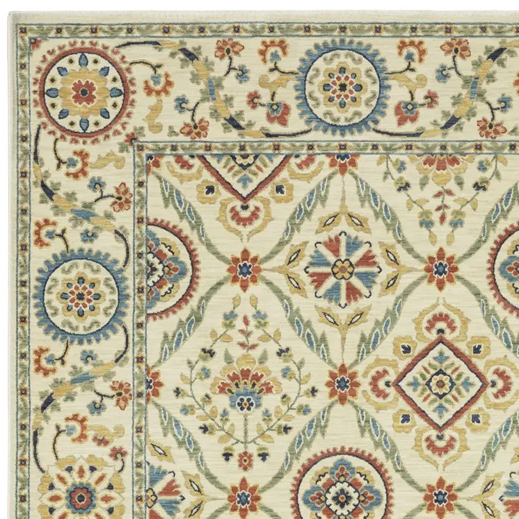 2' X 3' Ivory Orange And Blue Oriental Area Rug With Fringe