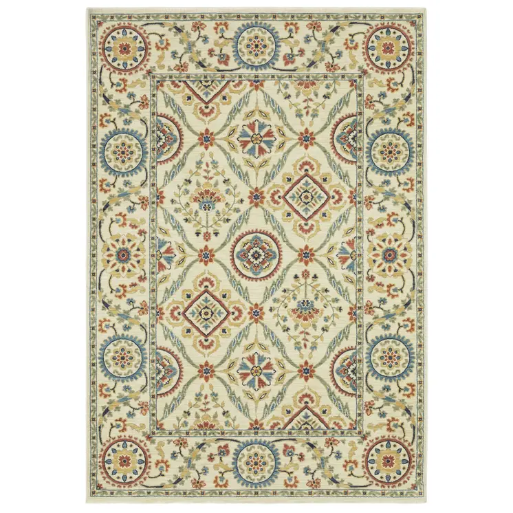 2' X 3' Ivory Orange And Blue Oriental Area Rug With Fringe