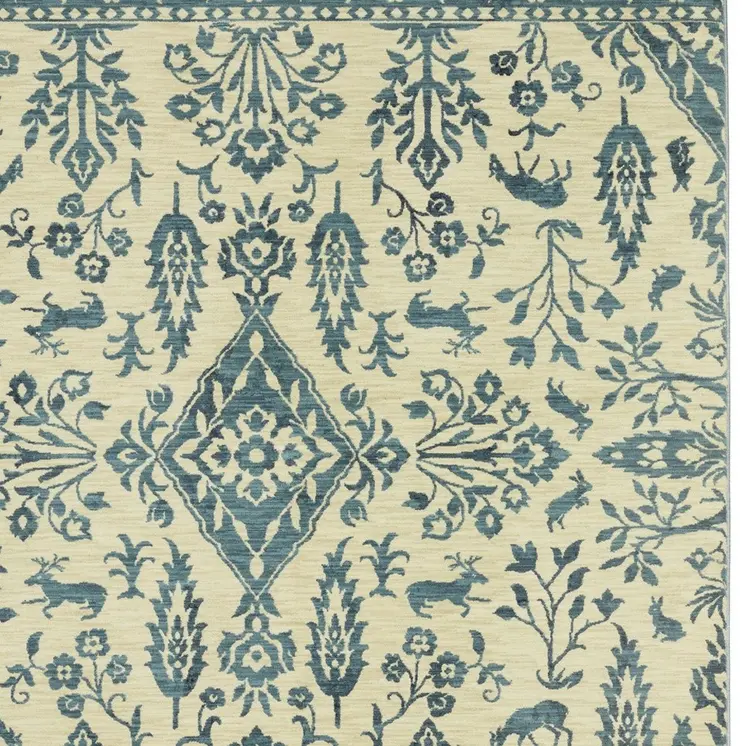 2' X 3' Ivory And Blue Oriental Area Rug With Fringe