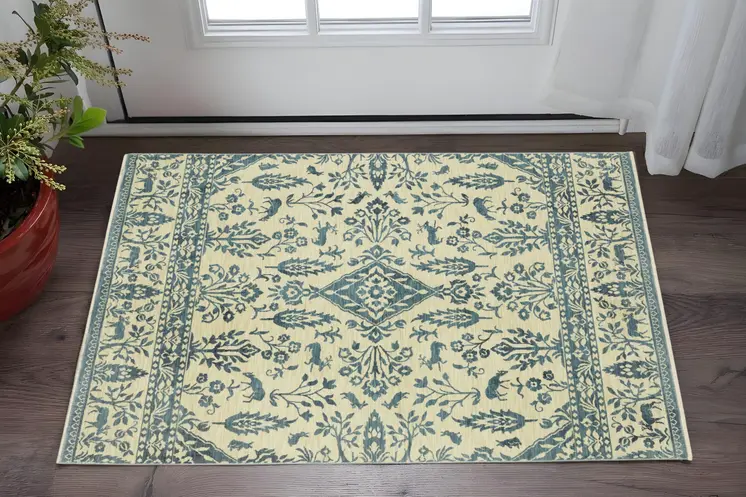 2' X 3' Ivory And Blue Oriental Area Rug With Fringe