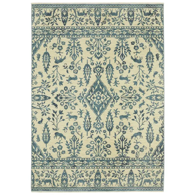 2' X 3' Ivory And Blue Oriental Area Rug With Fringe
