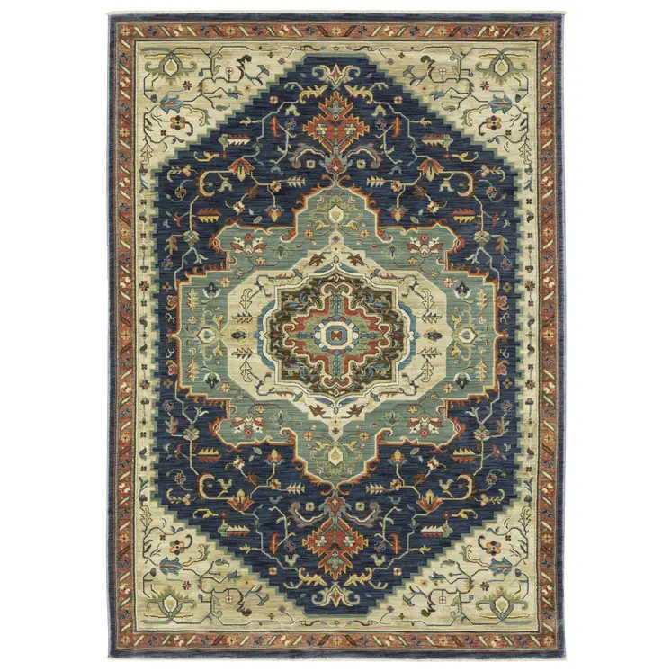 2' X 3' Blue Ivory And Orange Oriental Area Rug With Fringe