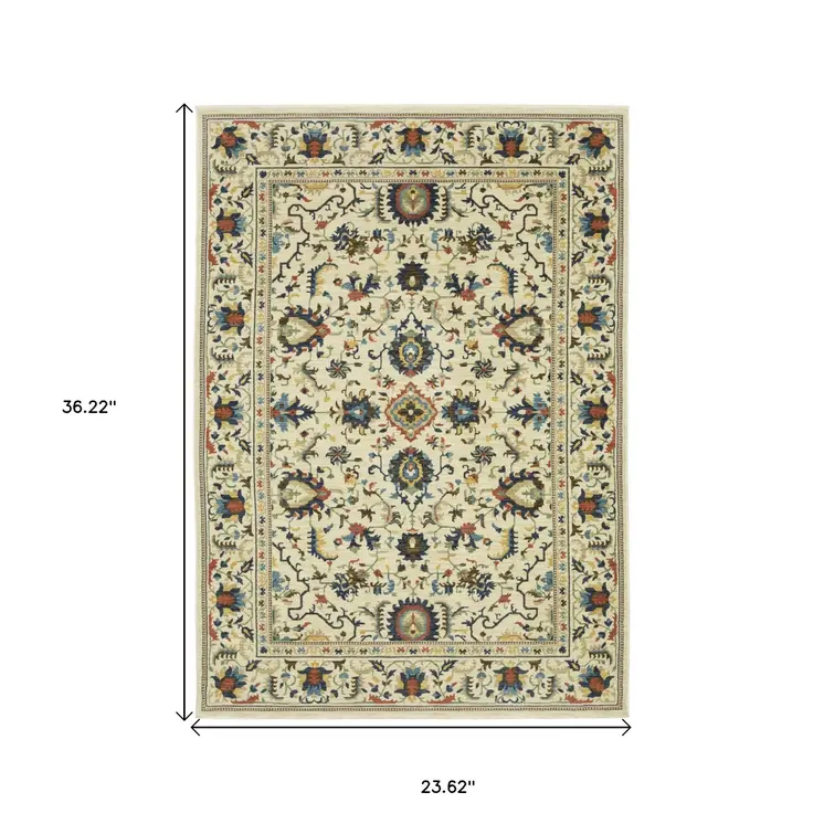 2' X 3' Ivory Blue And Orange Oriental Area Rug With Fringe