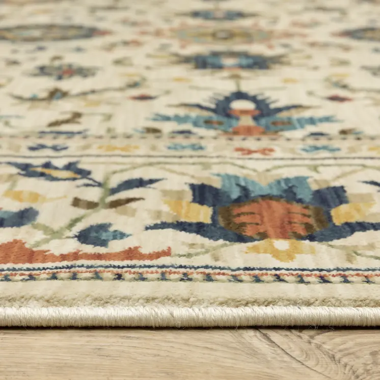 2' X 3' Ivory Blue And Orange Oriental Area Rug With Fringe