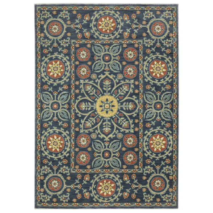 2' X 3' Blue And Rust Medallion Area Rug With Fringe