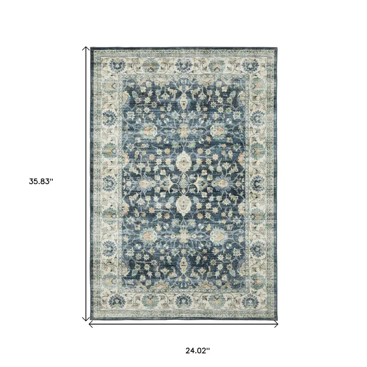 2' X 3' Blue And Ivory Oriental Distressed Area Rug