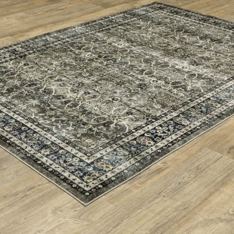 2' X 3' Charcoal And Blue Oriental Distressed Area Rug