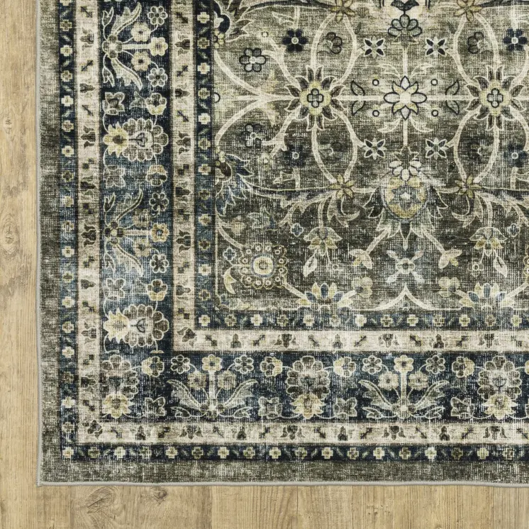 2' X 3' Charcoal And Blue Oriental Distressed Area Rug