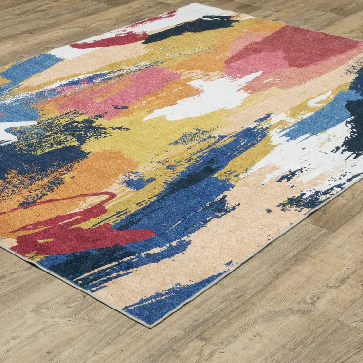2' X 3' Blue And Gold Abstract Distressed Area Rug
