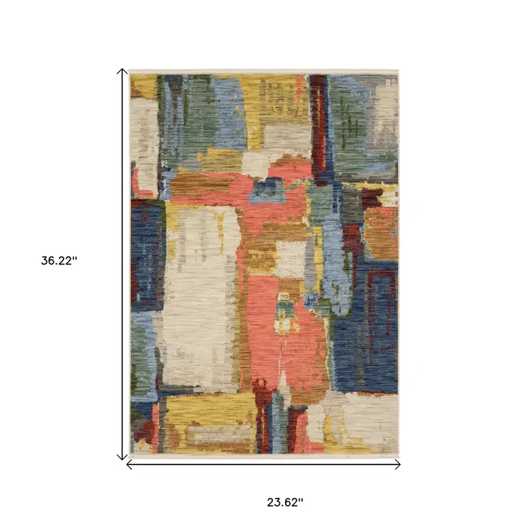 2' X 3' Pink Blue And Yellow Abstract Area Rug With Fringe