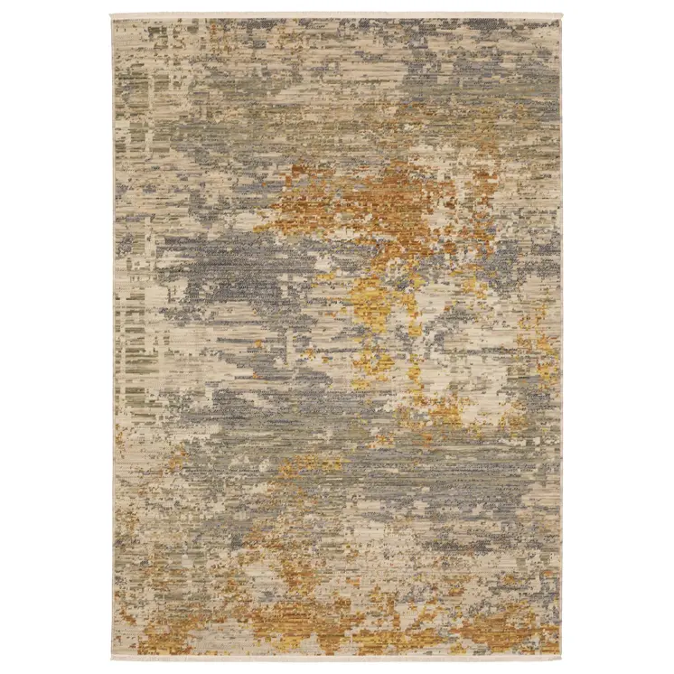 2' X 3' Beige And Gold Abstract Area Rug With Fringe