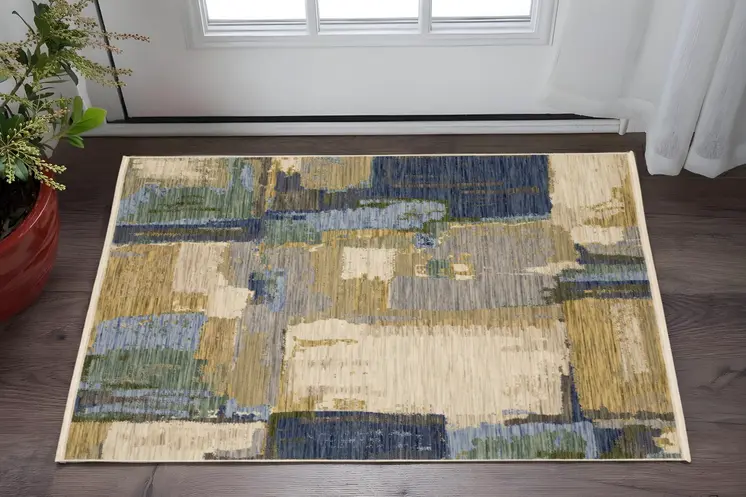2' X 3' Blue And Green Abstract Area Rug With Fringe