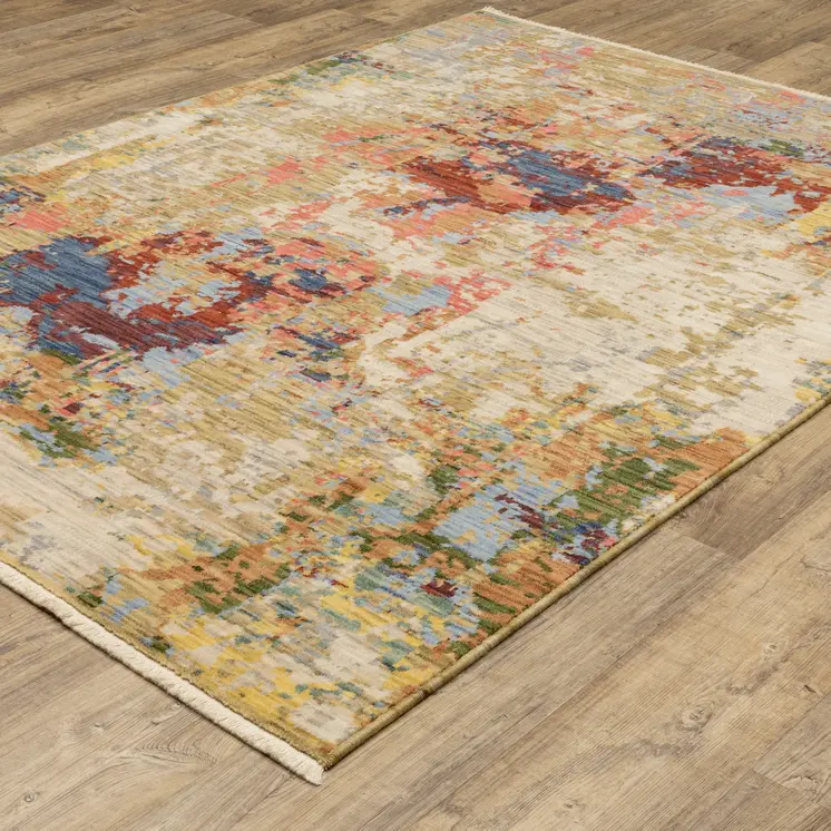 2' X 3' Beige Red And Blue Abstract Area Rug With Fringe