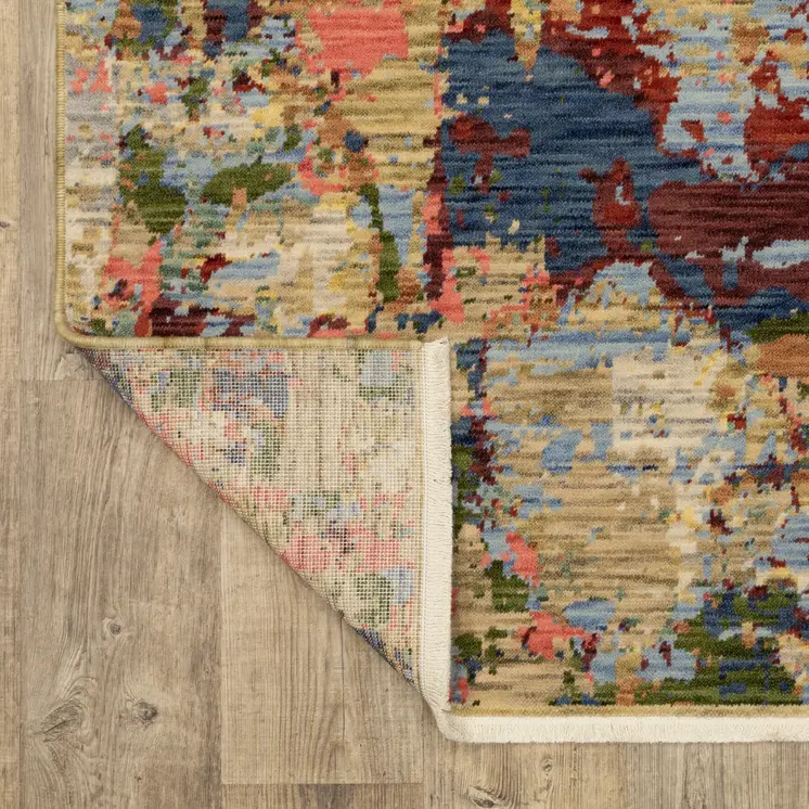 2' X 3' Beige Red And Blue Abstract Area Rug With Fringe