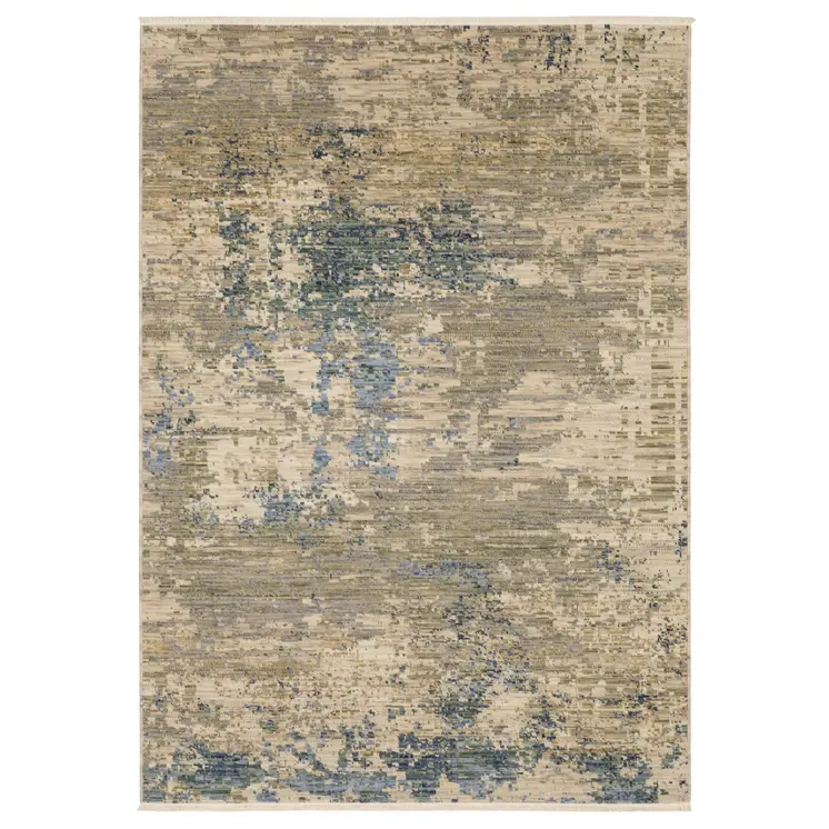 2' X 3' Beige And Blue Abstract Area Rug With Fringe