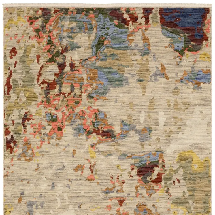 2' X 3' Beige And Red Abstract Area Rug With Fringe