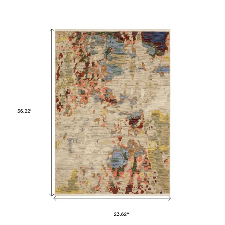 2' X 3' Beige And Red Abstract Area Rug With Fringe