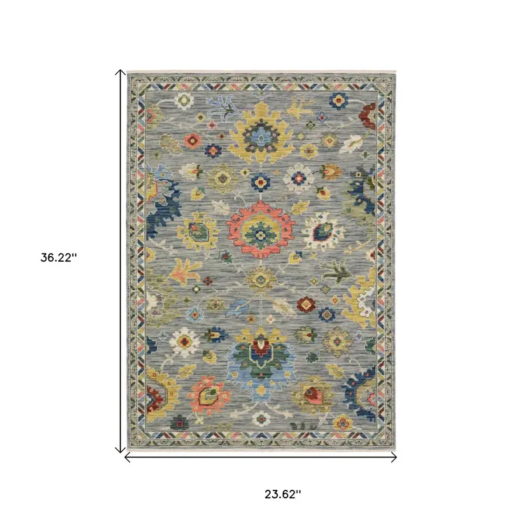 2' X 3' Gray Blue And Yellow Oriental Area Rug With Fringe