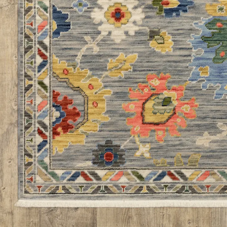2' X 3' Gray Blue And Yellow Oriental Area Rug With Fringe
