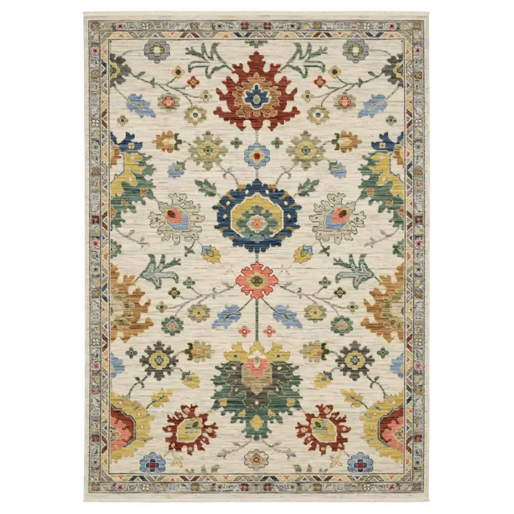 2' X 3' Ivory Red And Blue Oriental Area Rug With Fringe