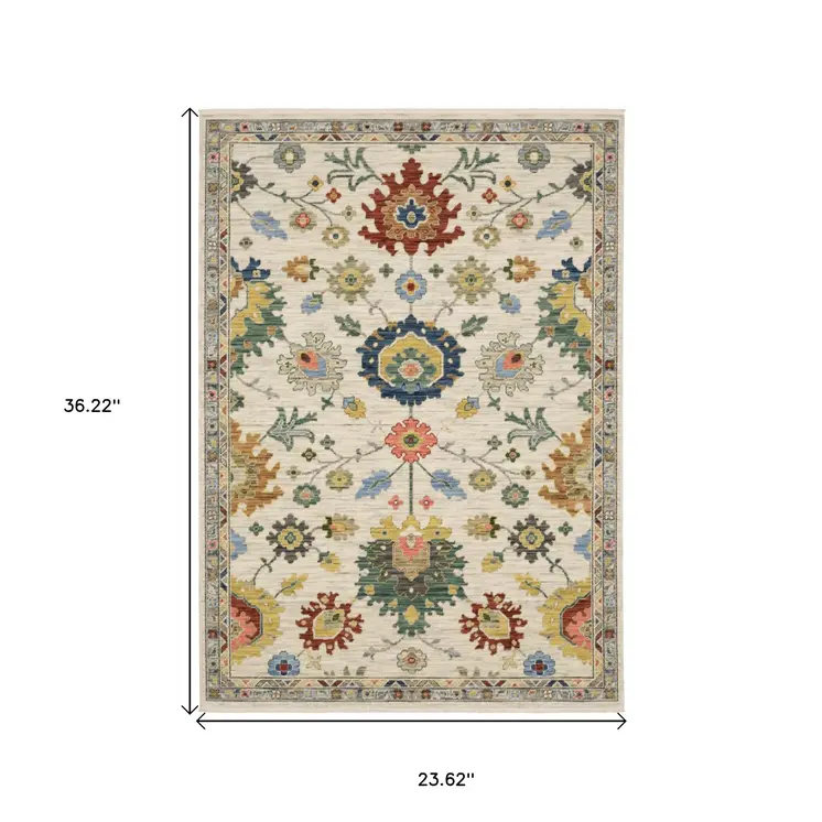 2' X 3' Ivory Red And Blue Oriental Area Rug With Fringe