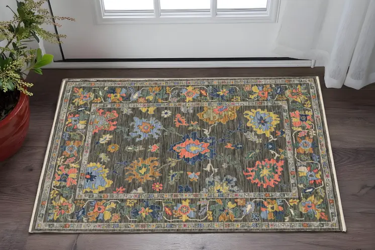 2' X 3' Gray Yellow And Blue Oriental Area Rug With Fringe