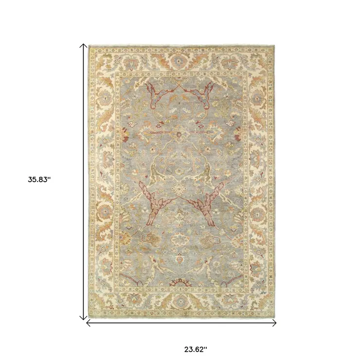 2' X 3' Gray And Beige Wool Oriental Hand Knotted Area Rug