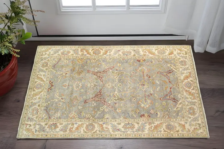 2' X 3' Gray And Beige Wool Oriental Hand Knotted Area Rug