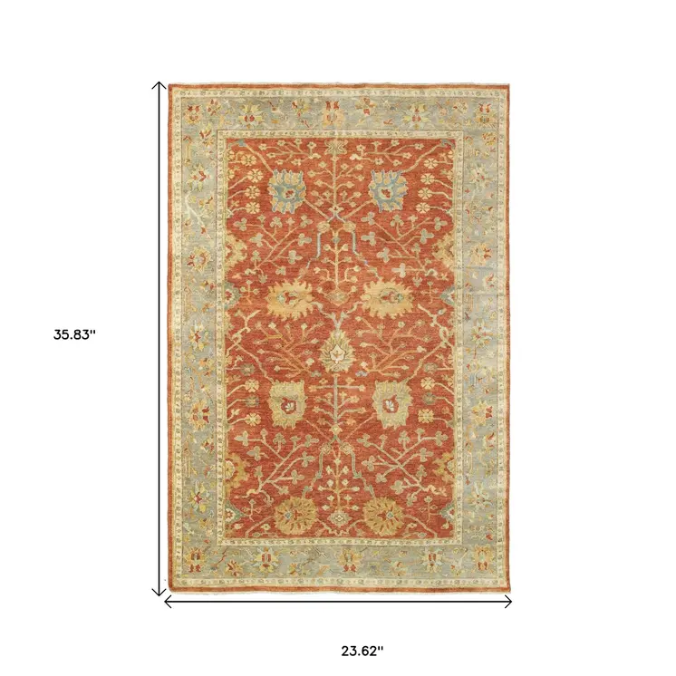 2' X 3' Red And Gray Wool Oriental Hand Knotted Area Rug