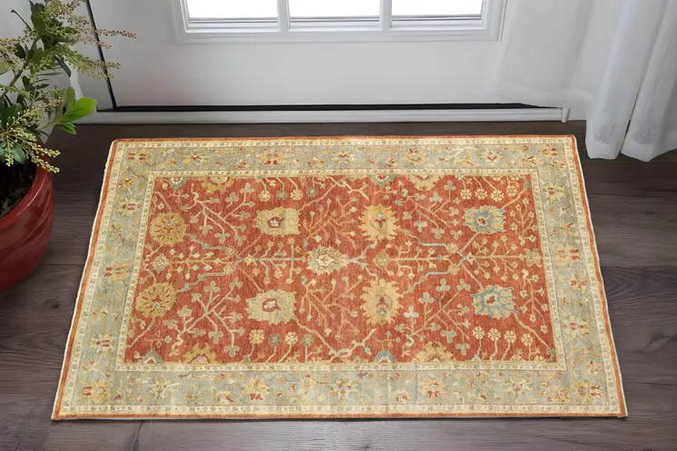 2' X 3' Red And Gray Wool Oriental Hand Knotted Area Rug